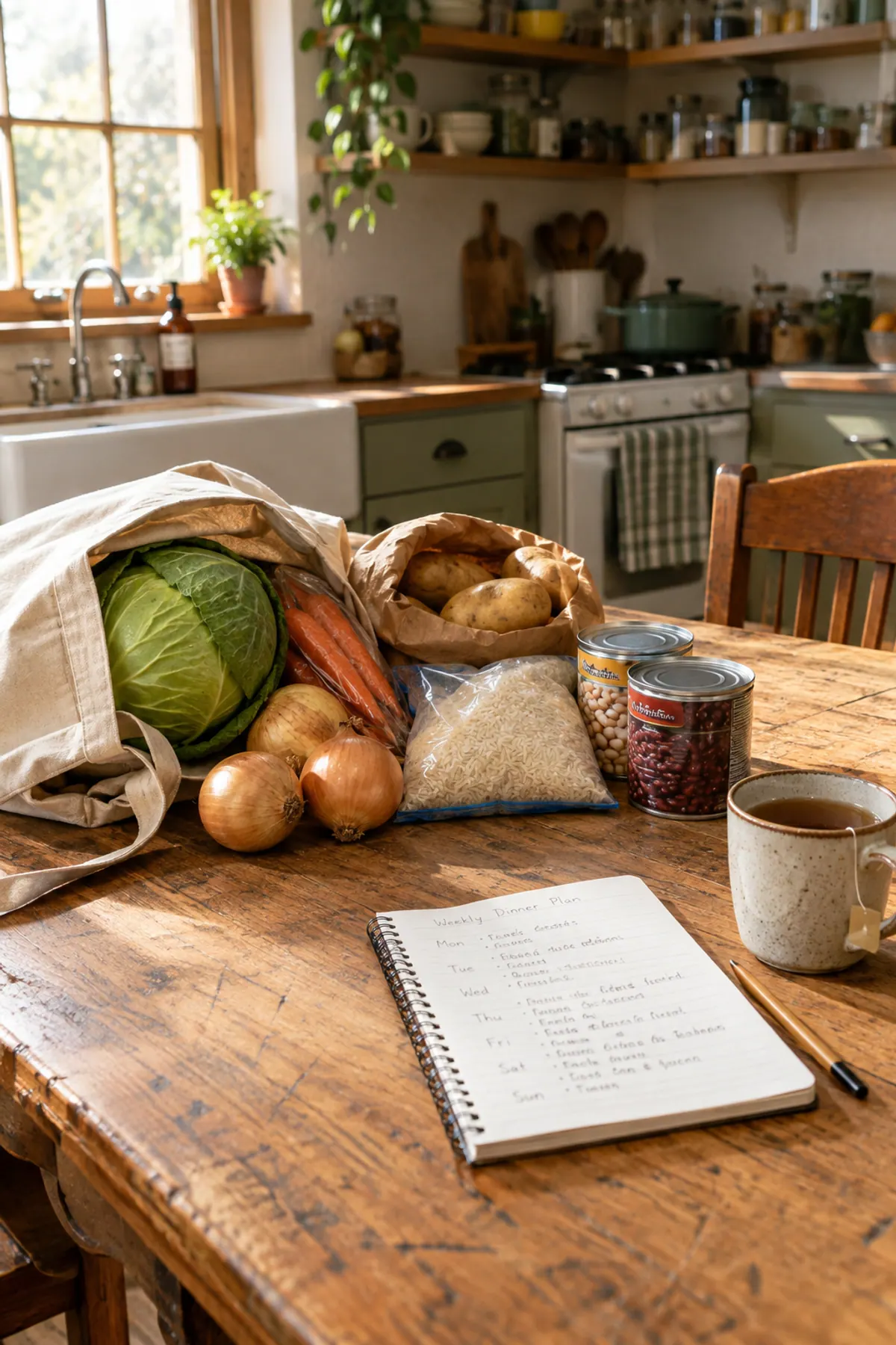 Cheap meals on a budget planning on a worn oak kitchen table with a handwritten weekly dinner plan, cabbage, carrots, onions, potatoes, rice and canned beans